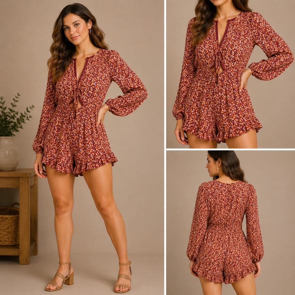 Altar'd State Romper Womens S Rust NEW Floral Janay R48 Long Sleeve Cutout Boho